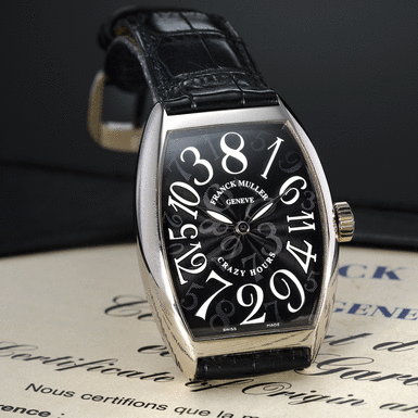 FRANCK MULLER, A FINE TONNEAU FORM WHITE GOLD AUTOMATIC WRISTWATCH CIRCA 2004 CRAZY HOURS REF 7851 CH NO 466