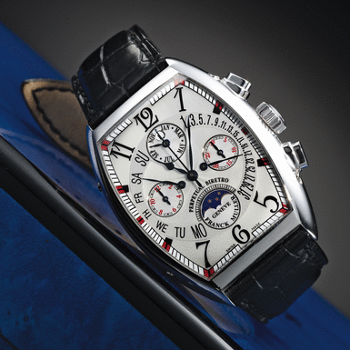 FRANCK MULLER, A FINE OVERSIZED WHITE GOLD TONNEAU FORM AUTOMATIC BI-RETROGRADE PERPETUAL CAENDAR CHRONOGRAPH WRISTWATCH WITH REGISTERS, MOON-PHASES AND LEAP YEAR INDICATION CIRCA 2005 CINTR