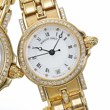 BREGUET,&NBSP - A LADY'S GOLD AUTOMATIC CENTER SECONDS WRISTWATCH WITH DATE, BRACELET AND MOTHER-OF-PEARL DIAL CIRCA 2002 MARINE