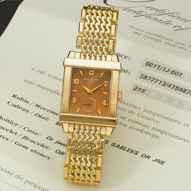 PATEK PHILIPPE - A LIMITED EDITION GOLD RECTANGULAR BRACELET WATCH 2001 REF 5011/1J-001 'CORTINA GONDOLO' MVT 1877713 CASE 4159870