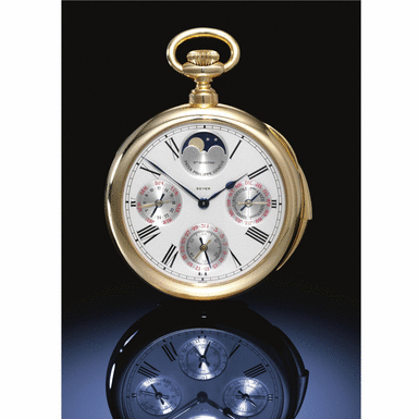 PATEK PHILIPPE - RETAILED BY BEYER: A FINE, RARE AND IMPORTANT GOLD KEYLESS SPRING DETENT OPEN-FACED CHRONOMETER WATCH WITH PERPETUAL CALENDAR, MINUTE REPEATING, PHASES OF THE MOON AND 24-HOUR INDICATION 1990 REF 961 MVT 866796 CASE 2837629