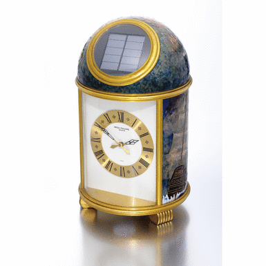 PATEK PHILIPPE - A unique and fine gilt-brass solar-powered desk timepiece with cloisonne enamel nautical scene 1982 ref 1189 'Caravelles' mvt 1803797