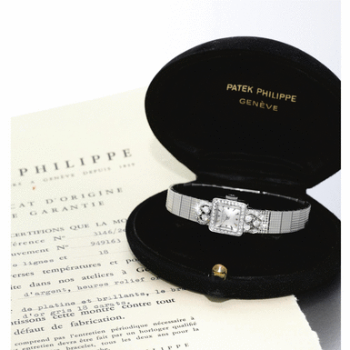 PATEK PHILIPPE - A lady's square platinum and diamond set bracelet watch circa 1958 ref 3146/20P mvt 949163 case 2602414
