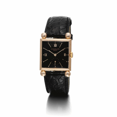 PATEK PHILIPPE - A FINE AND RARE PINK GOLD SQUARE WRISTWATCH WITH BLACK DIAL AND ORB LUGS 1940 REF 1458R MVT 900205 CASE 620480