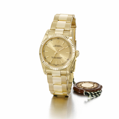 ROLEX - A GOLD MID-SIZE AUTOMATIC CENTRE SECONDS WRISTWATCH WITH BRACELET CIRCA 2003 REF 77518 OYSTER PERPETUAL