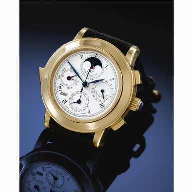 INTERNATIONAL WATCH CO. - AN OVER-SIZED LIMITED EDITION GOLD MINUTE REPEATING PERPETUAL CALENDAR SPLIT SECONDS CHRONOGRAPH TOURBILLON WRISTWATCH WITH MOON-PHASES AND REGISTERS 1995 REF 1868 IL DESTRIERO SCAFUSIA N0 124/125