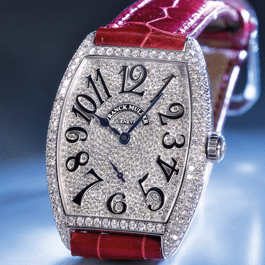 FRANCK MULLER, A LADY'S FINE WHITE GOLD AND DIAMOND SET TONNEAU FORM WRISTWATCH CIRCA 2004 REF 7500 S6DCD SUNSET NO 567