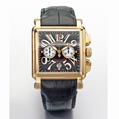 FRANCK MULLER - AN OVERSIZED PINK GOLD CURVED SQUARE AUTOMATIC CHRONOGRAPH WRISTWATCH WITH REGISTERS AND DATE CIRCA 2005 REF 10000CC CORTEZ CONQUISTADOR NO 295