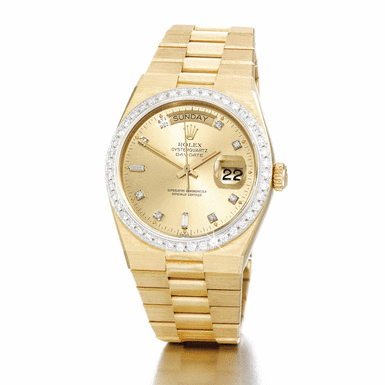 ROLEX - A YELLOW GOLD AND DIAMOND SET CENTRE SECONDS WRISTWATCH WITH DAY, DATE AND BRACELET CIRCA 1981 REF 19048 OYSTER QUARTZ DAY-DATE