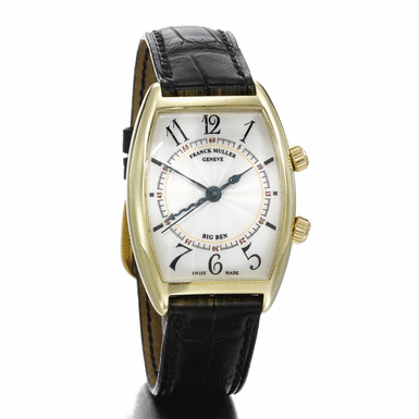 FRANCK MULLER - A GREEN GOLD TONNEAU FORM CENTRE SECONDS WRISTWATCH WITH ALARM CIRCA 1997 REF 2852 AL BIG BEN NO 1