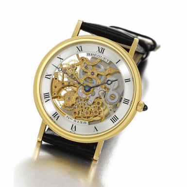 BREGUET - A YELLOW GOLD SEMI-SKELETONISED WRISTWATCH CIRCA 1995 REF 3030 NO 5138