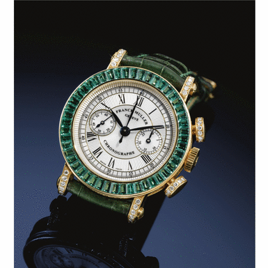 FRANCK MULLER - AN EXCEPTIONAL YELLOW GOLD, DIAMOND AND EMERALD-SET CHRONOGRAPH WRISTWATCH WITH REGISTER CIRCA 2003 REF 2870 NO 4