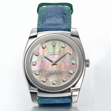 ROLEX - A LADY'S WHITE GOLD AND DIAMOND SET CUSHION FORM WRISTWATCH WITH MOTHER-OF-PEARL DIAL CIRCA 1998 REF 5320 CELLINI