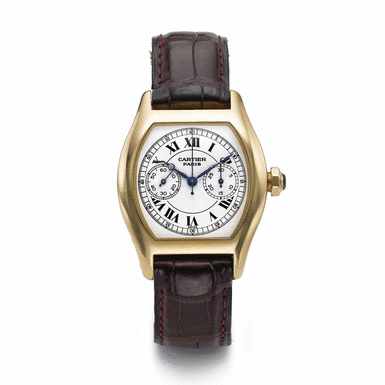 CARTIER - A YELLOW GOLD TONNEAU SINGLE-BUTTON CHRONOGRAPH WRISTWATCH WITH REGISTER CIRCA 2000 REF W1525751 TORTUE COLLECTION PRIV