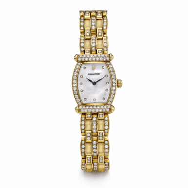 AUDEMARS PIGUET - A LADY'S YELLOW GOLD DIAMOND-SET TONNEAU BRACELET WATCH WITH MOTHER-OF-PEARL DIAL CIRCA 2000 CARNEGIE
