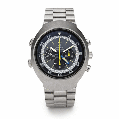 OMEGA - A RARE TONNEAU STAINLESS STEEL DUAL TIME ZONE CHRONOGRAPH WRISTWATCH WITH REGISTERS AND BRACELET CIRCA 1975 FLIGHTMASTER 'PILOT' REF ST 145.0036