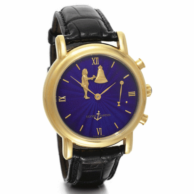 ULYSSE NARDIN - A FINE AND RARE YELLOW GOLD AUTOMATIC HOUR AND HALF HOUR STRIKING CLOCK WATCH WITH AUTOMATON CIRCA 1995 REF 751-22 N0 66