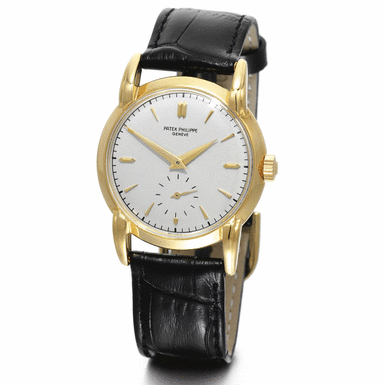 PATEK PHILIPPE - A YELLOW GOLD WRISTWATCH WITH UNUSUAL STEPPED LUGS 1949 REF 2429J MVT 953388 CASE 422029