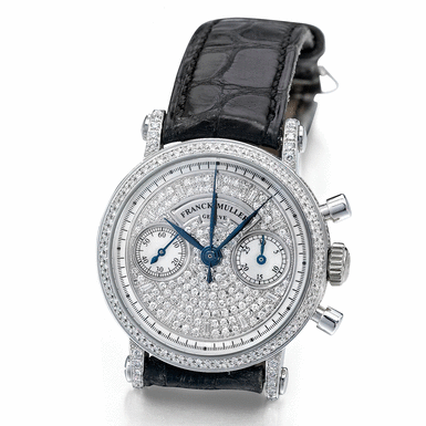 FRANCK MULLER - A LADY'S WHITE GOLD AND DIAMOND-SET CHRONOGRAPH WRISTWATCH WITH MOTHER-OF-PEARL DIAL AND REGISTER CIRCA 1998 REF 2860 NO 39