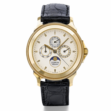 CORUM - A LIMITED EDITION YELLOW GOLD AUTOMATIC CENTER SECONDS PERPETUAL CALENDAR WRISTWATCH WITH MOON-PHASES AND LEAP-YEAR INDICATION CIRCA 1999 NO 67/100A