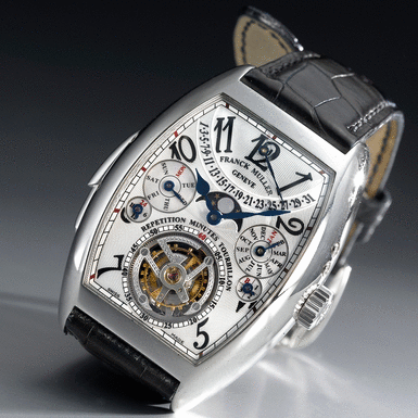 FRANCK MULLER - A RARE PLATINUM MINUTE REPEATING TOURBILLON, PERPETUAL CALENDAR WRISTWATCH WITH RETROGRADE DATE, MOON-PHASES, 24-HOUR AND LEAP YEAR INDICATION CIRCA 2000 REF 7885 RM T QP NO 00