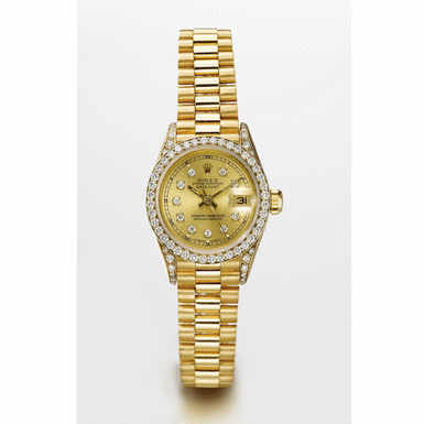 ROLEX - A LADY'S 18K YELLOW GOLD DIAMOND-SET AUTOMATIC CENTER SECONDS BRACELET WATCH WITH DATE CIRCA 1985 REF 69288 DATEJUST