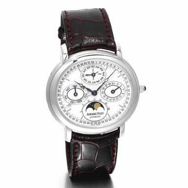 AUDEMARS PIGUET - AN 18K WHITE GOLD OVAL AUTOMATIC PERPETUAL CALENDAR WRISTWATCH WITH MOON-PHASES CIRCA 2005 MILLENARY QUANTIEME PERPETUAL AUTOMATIQUE NO 20