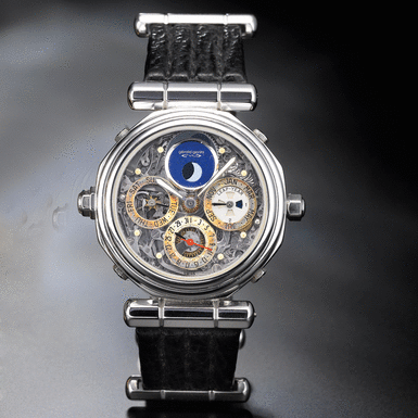 GERALD GENTA - A FINE AND RARE WHITE GOLD OCTAGONAL AUTOMATIC MINUTE REPEATING TOURBILLON PERPETUAL CALENDAR WRISTWATCH WITH MOON-PHASES, LEAP YEAR INDICATION AND SKELETONIZED DIAL CIRCA 1990 REF G 4010.4 SUCCESS NO 3