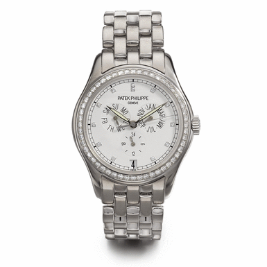 PATEK PHILIPPE - AN 18K WHITE GOLD DIAMOND-SET AUTOMATIC ANNUAL CALENDAR CENTER SECONDS BRACELET WATCH 2002 REF 5037G MVT 3134193 CASE 4156705