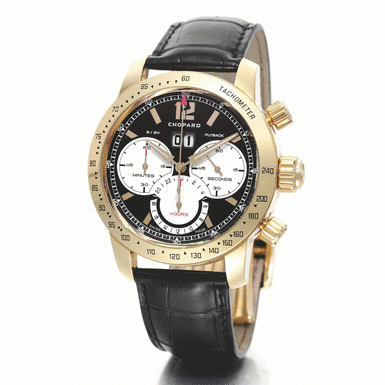 CHOPARD - AN 18K YELLOW GOLD AUTOMATIC LIMITED EDITION FLYBACK CHRONOGRAPH WRISTWATCH WITH REGISTERS AND DATE CIRCA 2008 MILLE MIGLIA JACKY ICKX NO 199/250