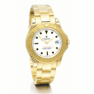 ROLEX - AN 18K YELLOW GOLD MID-SIZE AUTOMATIC CENTRE SECONDS WRISTWATCH WITH DATE AND BRACELET CIRCA 1997 REF 68628 YACHT-MASTER