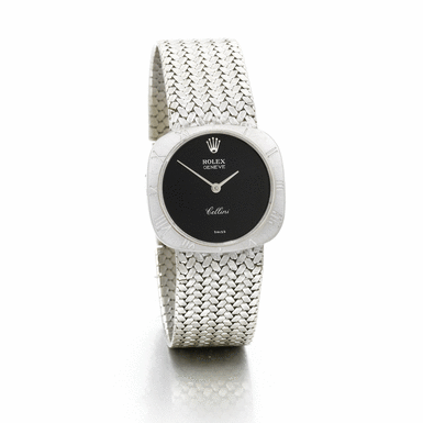 ROLEX - A LADY'S 18K WHITE GOLD CUSHION FORM BRACELET WATCH CIRCA 1975 REF 3817 CELLINI