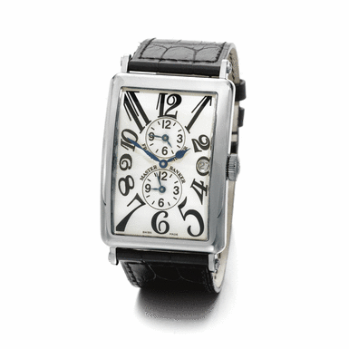 FRANCK MULLER - AN 18K WHITE GOLD OVERSIZED CURVED RECTANGULAR AUTOMATIC TRIPLE TIME ZONE WRISTWATCH WITH DATE CIRCA 2006 REF 1200 MB MASTER BANKER LONG ISLAND NO 149