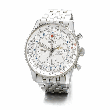 BREITLING - AN OVERSIZED STAINLESS STEEL AUTOMATIC DUAL TIME ZONE CHRONOGRAPH WRISTWATCH WITH REGISTERS, DATE, TACHOMETER, 24-HOUR INDICATION, WORLD TIME INDICATION AND BRACELET CIRCA 2005 NAVITIMER WORLD