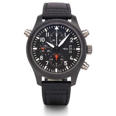 IWC - A LARGE LIMITED EDITION CERAMIC AND TITANIUM AUTOMATIC SPLIT SECONDS CHRONOGRAPH WRISTWATCH WITH DAY, DATE AND REGISTERS CIRCA 2008 REF 379901 PILOT'S WATCH TOP GUN