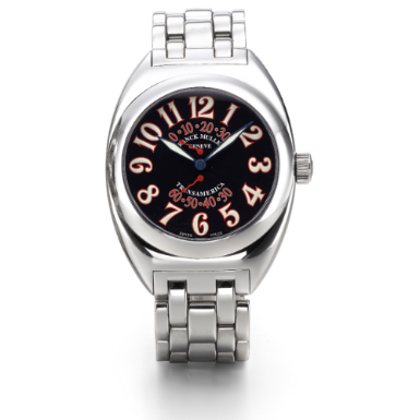 FRANCK MULLER - A STAINLESS STEEL TONNEAU-FORM AUTOMATIC WRISTWATCH WITH DOUBLE RETROGRADE SECONDS AND BRACELET CIRCA 2002 TRANSAMERICA REF 2000 SR