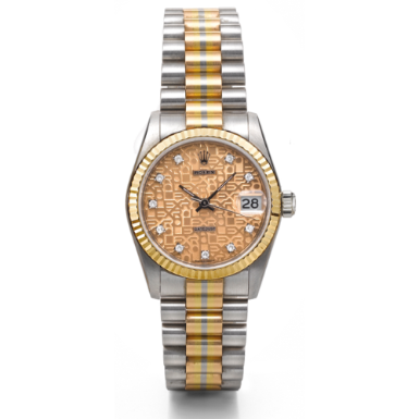 ROLEX - A MID-SIZED TRI-COLORED GOLD AND DIAMOND-SET AUTOMATIC SWEEP SECONDS BRACELET WATCH WITH DATE CIRCA 1989 REF 68279B DATEJUST