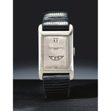 VACHERON CONSTANTIN - A VERY FINE AND RARE 18K WHITE GOLD CURVED HINGED RECTANGULAR JUMP HOUR WRISTWATCH WITH DIGITAL MINUTE DISPLAY 1930 REF 3085 MVT 414098 CASE 257104