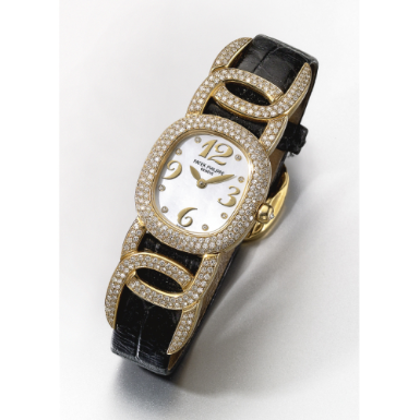 PATEK PHILIPPE - A LADY'S 18K YELLOW GOLD, MOTHER-OF-PEARL AND DIAMOND-SET OVAL WRISTWATCH 1999 REF 4832J GOLDEN ELLIPSE MVT 1968615 CASE 4041611