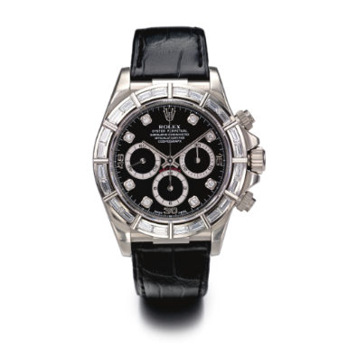 ROLEX - AN 18K WHITE GOLD AND DIAMOND-SET AUTOMATIC CHRONOGRAPH WRISTWATCH WITH REGISTERS, TACHOMETER AND BRACELET CIRCA 1998 REF 16589 COSMOGRAPH DAYTONA