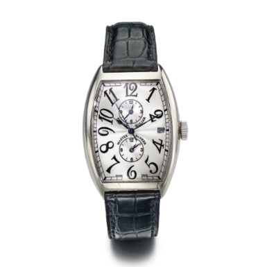 FRANCK MULLER - AN 18K WHITE GOLD CURVED TONNEAU AUTOMATIC SWEEP SECONDS THREE-TIME ZONE WRISTWATCH WITH DATE CIRCA 1999 REF 6850MB MASTER BANKER NO 37