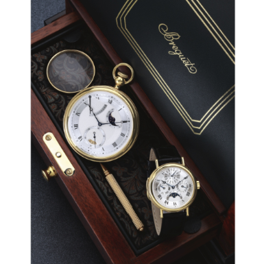 BREGUET - A FINE AND RARE SET OF TWO 18K YELLOW GOLD WATCHES, COMPRISING OF A MINUTE REPEATING PERPETUAL CALENDAR WRISTWATCH WITH MOON-PHASES AND LEAP YEAR INDICATION AND A PERP