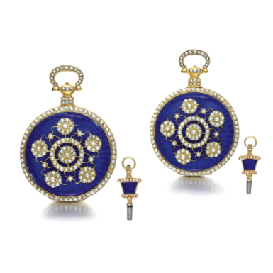 JUST SON - A PAIR OF GILT METAL, ENAMEL AND PEARL-SET CENTRE SECONDS OPEN-FACED WATCHES MADE FOR THE CHINESE MARKET CIRCA 1800