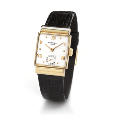PATEK PHILIPPE - A FINE SQUARE 18K PINK GOLD WRISTWATCH WITH HOODED LUGS 1945 REF 1438R MVT 837361 CASE 637011