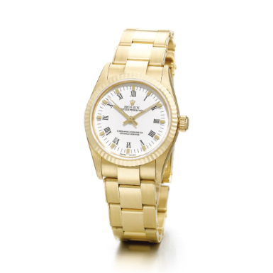 ROLEX - A 18K YELLOW GOLD MID-SIZE AUTOMATIC CENTRE SECONDS WRISTWATCH WITH BRACELET CIRCA 2004 REF 77518 OYSTER PERPETUAL