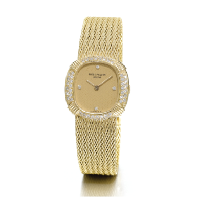 PATEK PHILIPPE - A LADY'S 18K YELLOW GOLD DIAMOND CUSHION-FORM BRACELET WRISTWATCH 1980 REF 4508J MVT 1402765 CASE 2789806