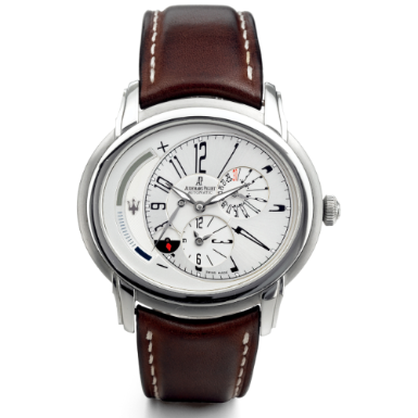 AUDEMARS PIGUET - A LIMITED EDITION STAINLESS STEEL AUTOMATIC DUAL TIME WRISTWATCH WITH DATE, DAY/NIGHT AND POWER RESERVE INDICATIONS CIRCA 2004 MILLENARY MASERATI 90TH ANNIVERSARY NO 469/900