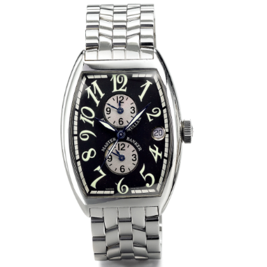 FRANCK MULLER - A STAINLESS STEEL TONNEAU-FORM AUTOMATIC TRIPLE TIME ZONE SWEEP SECONDS WRISTWATCH WITH DATE AND BRACELET CIRCA 2002 CINTR