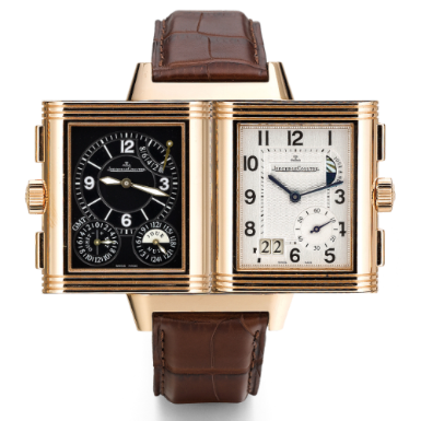 JAEGER-LECOULTRE - A PINK GOLD RECTANGULAR DOUBLE DIALED DUAL TIME WRISTWATCH WITH 8-DAY POWER RESERVE, GMT, DATE AND DAY/NIGHT INDICATION CIRCA 2007 REVERSO GRANDE GMT