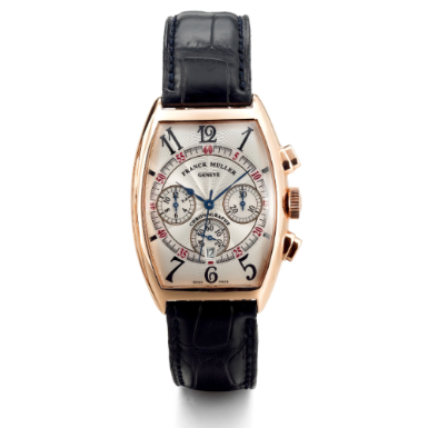 FRANCK MULLER - A PINK GOLD TONNEAU-FORM AUTOMATIC CHRONOGRAPH WRISTWATCH WITH REGISTERS AND DATE CIRCA 2005 REF 6850 CC AT